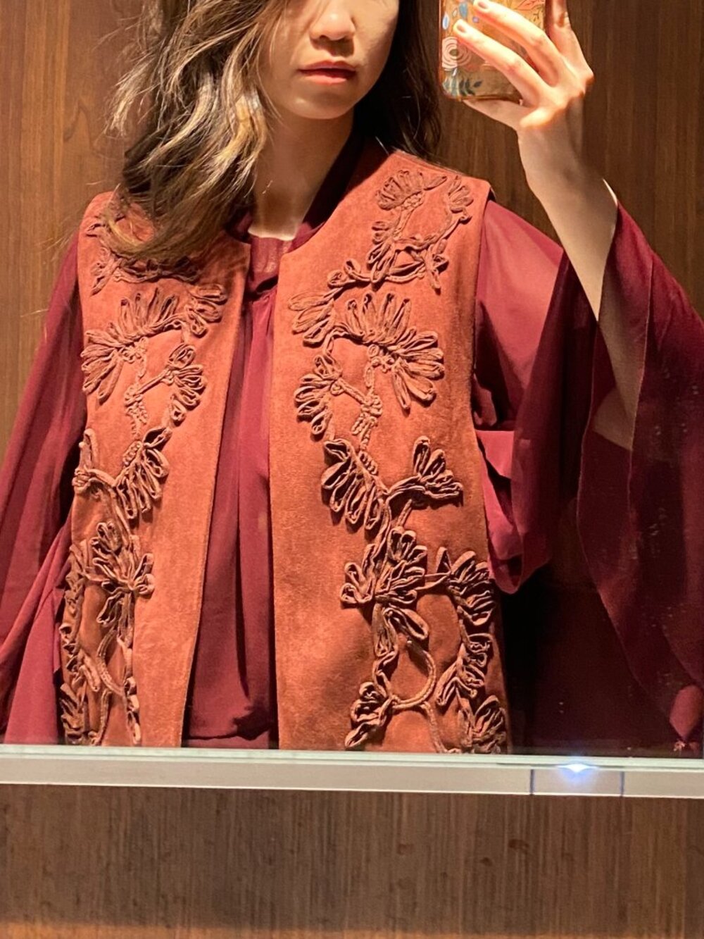 Zara embroidered suede vest + ruffled cape top